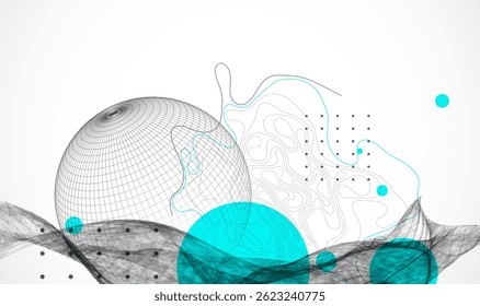 Science fiction background. Abstract image of wireframe wave and sphere with plexus effect.