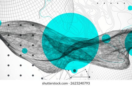 Science fiction background. Abstract image of wireframe wave and sphere with plexus effect.