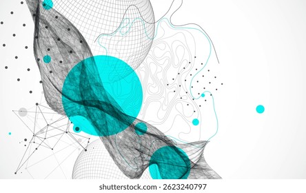 Science fiction background. Abstract image of wireframe wave and sphere with plexus effect.