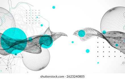 Science fiction background. Abstract image of wireframe wave and sphere with plexus effect.