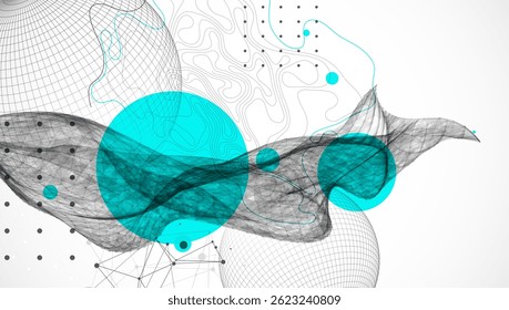 Science fiction background. Abstract image of wireframe wave and sphere with plexus effect.