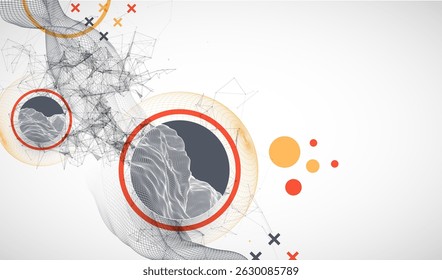 Science fiction background. Abstract image of wireframe wave and sphere with plexus effect.