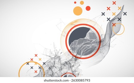 Science fiction background. Abstract image of wireframe wave and sphere with plexus effect.