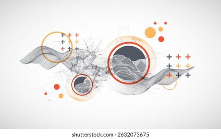 Science fiction background. Abstract image of wireframe wave and sphere with plexus effect.