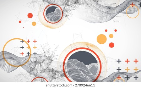 Science Fiction Hintergrund. Abstraktes Bild von Drahtgitterwelle und Kugel mit Plexuseffekt.