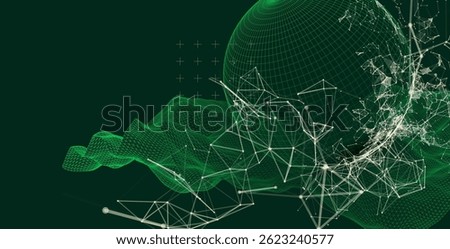 Science fiction background. Abstract image of wireframe wave and sphere with plexus effect.