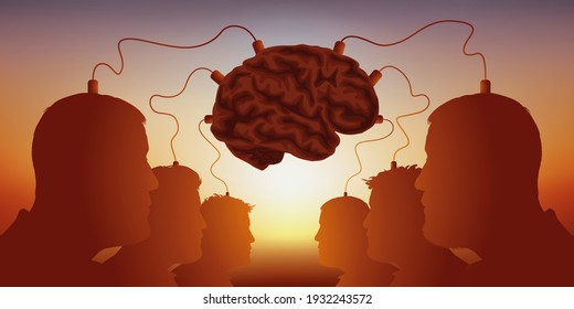 Science fiction concept about freedom of thought, with men connected to a brain like guinea pigs.