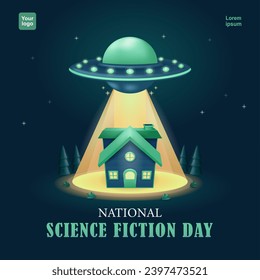 Science Fiction Day. UFO flying at night, carrying a house. 3d vector, suitable for events