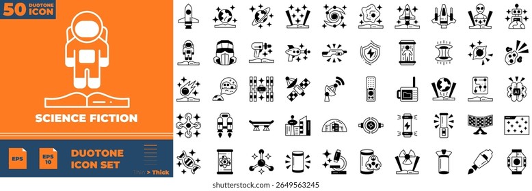Science fiction Duotone Editable Icons set. Vector illustration in modern thin duotone style of sicence fiction icons: alien, asteroid, corner, city, etc