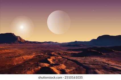 planeta de fantasia de ficção científica com céu azul escuro, roxo e amarelo com sol, lua, estrelas e paisagem do deserto com areia, rochas e montanhas, ilustração vetorial cinematográfica realista