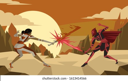 science fiction female knights duel with plasma swords