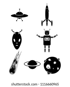 Science fiction figures, an alien, rocket, robot the moon and a meteor