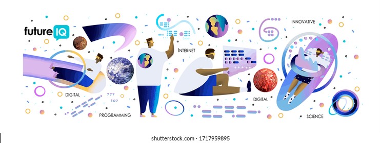 Science Fiction: Future Technologies And Artificial Intelligence. Vector Illustration Of People In Digital And Outer Space - Programmers And Scientists At Work.
 
