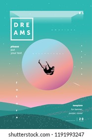 science fiction, futuristic abstract poster "dreams", fantastic background for magazine cover or brochure, vector illustration of space and falling man