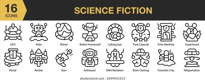 Conjunto de ícones de Ficção Científica. Inclui ciência, espaço, futuro, tecnologia, futurista e muito mais. Contornar coleção de vetores de ícones.