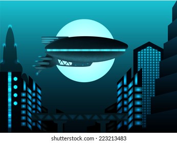 Science fiction illustration. Zeppelin in front of urban landscape