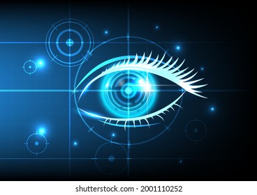 Science fiction interface. Futuristic technology of eye cyber security concept. Abstract hi speed digital internet background. Motion move and target locked