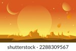Science fiction landscape vector illustration. Orange hot planet landscape space view. Yellow galaxy with sun and moon. Science fiction vector for background, wallpaper or illustration