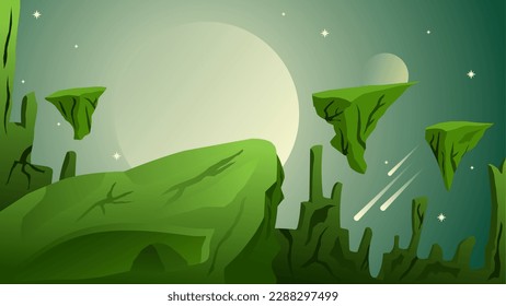 Science fiction landscape vector illustration. Floating island landscape background. Green planet floating island. Science fiction vector for background, wallpaper, display or illustration
