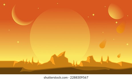 Science fiction landscape vector illustration. Orange hot planet landscape space view. Yellow galaxy with sun and moon. Science fiction vector for background, wallpaper or illustration