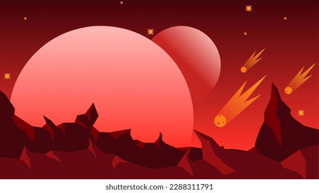 Science fiction landscape vector illustration. Red planet landscape space view. Crimson galaxy with moon and comet. Science fiction vector for background, wallpaper or illustration