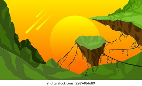 Science fiction landscape vector illustration. Floating island landscape background. Floating island in the sunset sky. Science fiction vector for background, wallpaper, display or illustration