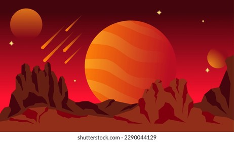 Science fiction landscape vector illustration. Red jupiter planet landscape background. Crimson galaxy view with comet and mountain. Science fiction vector for background, wallpaper or illustration