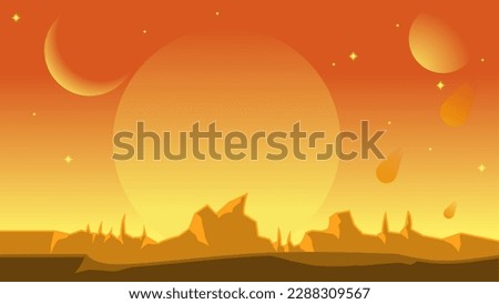 Science fiction landscape vector illustration. Orange hot planet landscape space view. Yellow galaxy with sun and moon. Science fiction vector for background, wallpaper or illustration