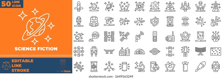 Science fiction Line Editable Icons set. Vector illustration in modern thin line style of sicence fiction icons: alien, asteroid, corner, city, etc