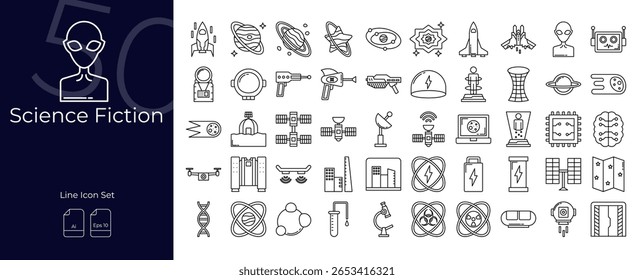 Conjunto de ícones editáveis da linha de ficção científica. Ilustração vetorial no estilo de linha fina moderna de ícones de ficção científica: ficção científica, ciência, ficção, etc
