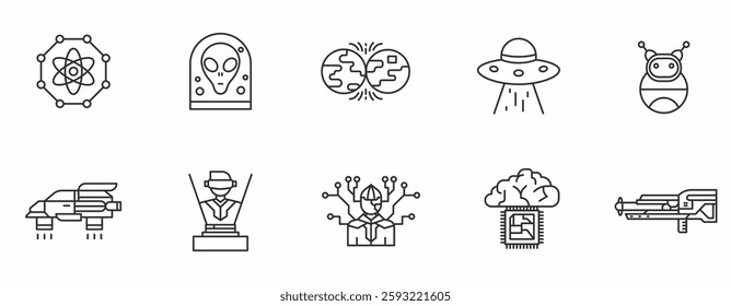 Science Fiction line Icon Set . Robot, future, spaceship, galaxy, alien . Vector Illustration