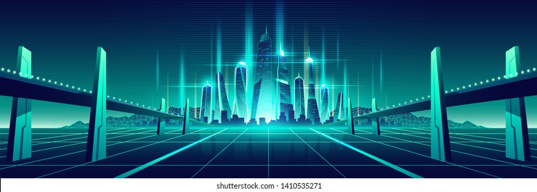 Science fiction metropolis, virtual world city cartoon vector. Two bridges, highways, going on glossy surface with neon grid to shiny, futuristic skyscrapers on horizon fluorescent color illustration