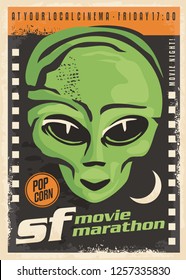 Science Fiction Movie Night Retro Poster Design With Alien And Film Strip On Dark Background. Cinema Event Vintage Flyer. Vector Illustration.