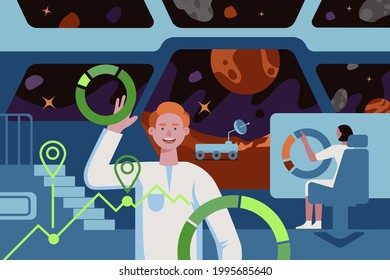 Science fiction people in planet colonization mission space station. Spaceship main bridge interior with crew members scientists astronauts. Future interstellar exploration colonizers eps illustration