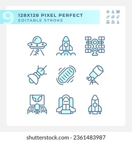 Science fiction pixel perfect light blue icons. Space ship. Sci fi. Alien contact. Extraterrestrial life. RGB color. Website icons set. Simple design element. Contour drawing. Line illustration