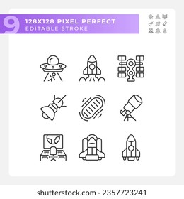 Science fiction pixel perfect linear icons set. Space ship. Sci fi. Alien contact. Extraterrestrial life. Customizable thin line symbols. Isolated vector outline illustrations. Editable stroke