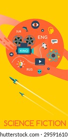 science fiction poster rocket planet vector illustration