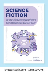 Science fiction poster template layout. Banner, booklet, leaflet print design with linear icons. Sci fi, futuristic technologies. Vector brochure page layouts for magazines, advertising flyers