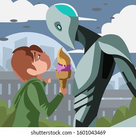 science fiction robot and boy with ice cream