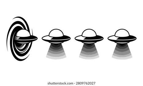 Science fiction scene of spaceships exiting a spatial wormhole portal.