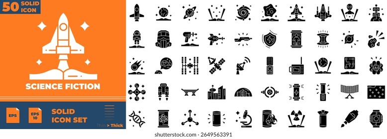 Science fiction Solid Editable Icons set. Vector illustration in modern thin solid style of sicence fiction icons: alien, asteroid, corner, city, etc