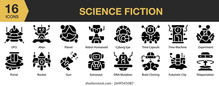 Science Fiction solid icon set. Includes science, space, future, technology, futuristic, and More. Solid icons vector collection.
