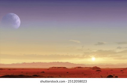 Science fiction space fantasy planet with dark blue, purple and yellow sky with sun, moon, stars, and desert landscape with rocks, sand and mountains, realistic vector illustration