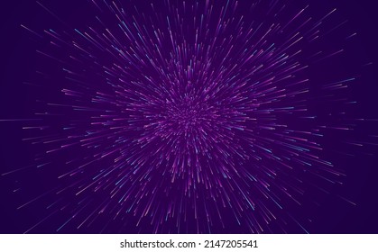 Science Fiction Space Travel, Hyper Warp, Teleport, Hyper Speed of Light Jump Effect Concept. Abstract Circular Geometric Background. Vector Speed Lines Stars Illustration.