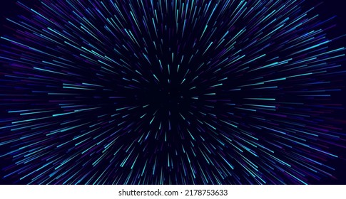 Science Fiction Space Travel, Hyper Warp, Teleport, Hyper Speed of Light Jump Effect Concept. Abstract Circular Geometric Background. Vector Speed Lines Stars Illustration.