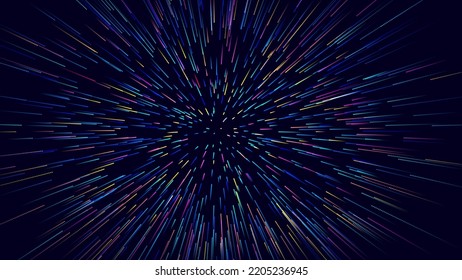 Science Fiction Space Travel, Hyper Warp, Teleport, Hyper Speed of Light Jump Effect Concept. Stars Light Trails Effect. Abstract Geometric Background. Vector Speed Lines Stars Illustration.