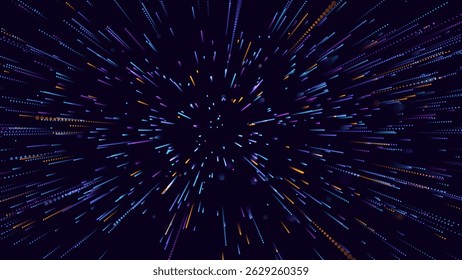 Science Fiction Space Travel, Hyper Warp, Teleport, Hyper Speed of Light Jump Effect Concept. Abstract Circular Geometric Background. Vector Speed Lines Stars Illustration.