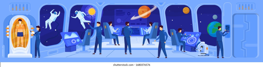 Science fiction spaceship crew on command deck, vector illustration. Team navigating spacecraft in interstellar mission, space exploration of future. People cartoon characters science fiction movie