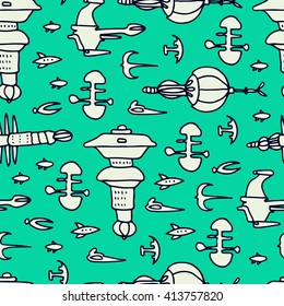 Science fiction spaceships seamless pattern. Fantastic space travel design.