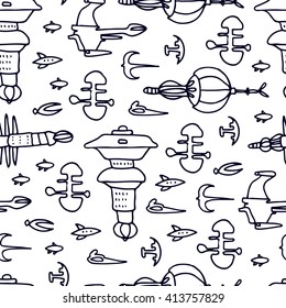 Science fiction spaceships seamless pattern. Fantastic space travel design.